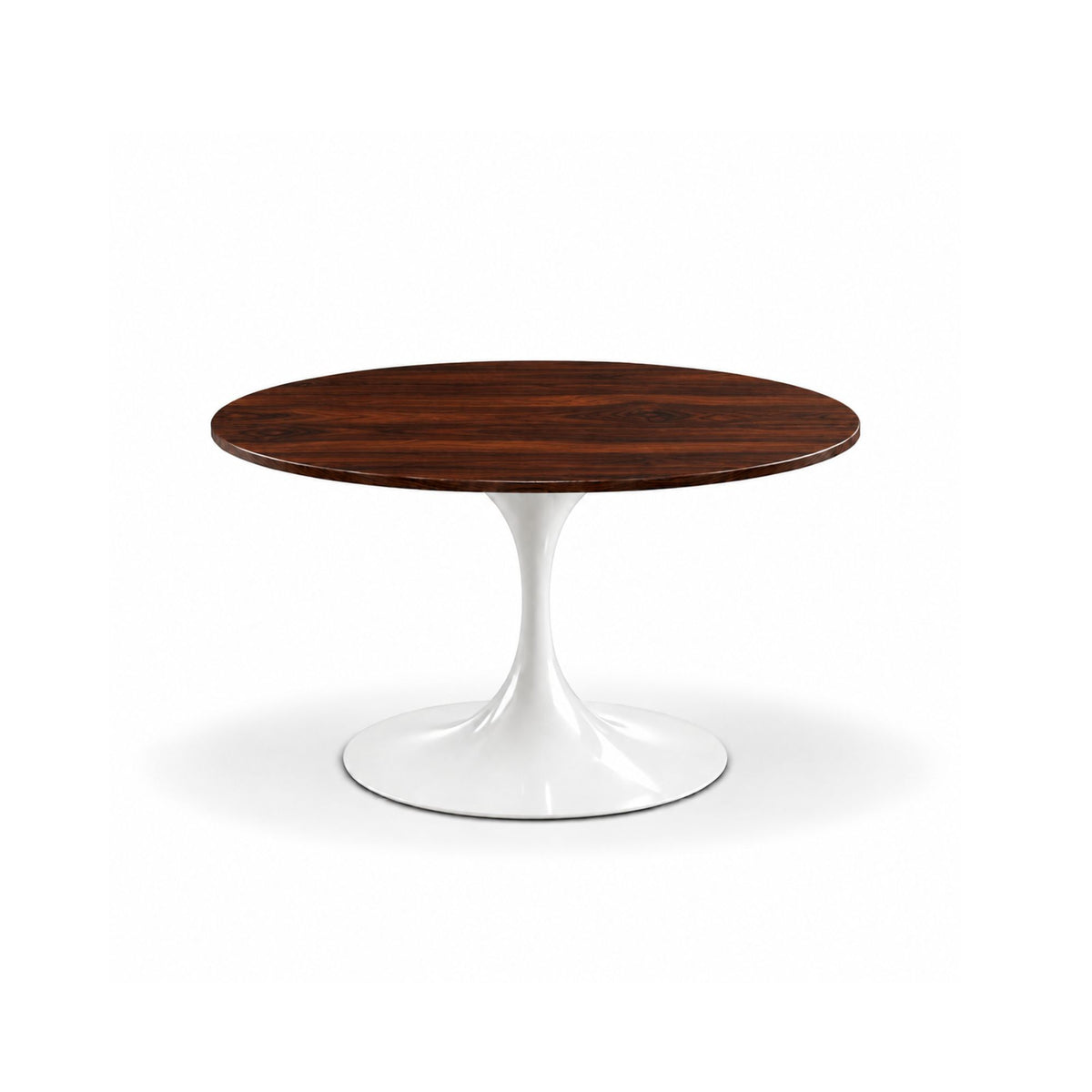 Round Tulip dining table with a rosewood solid oak tabletop and white pedestal base, inspired by iconic mid-century modern Italian design.