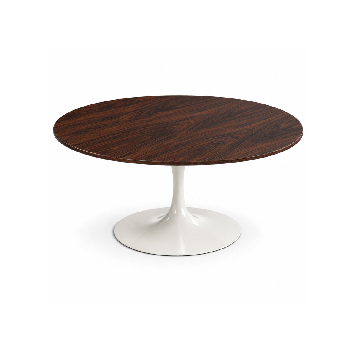 Round Tulip dining table with a rosewood-stained solid oak tabletop and white cast aluminium pedestal base, handcrafted in Italy for modern and mid-century dining interiors.