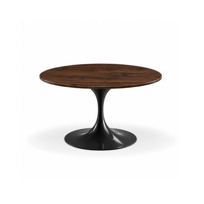 Round Tulip dining table with a walnut solid oak tabletop and sculptural black pedestal base in a timeless mid-century modern Italian design.