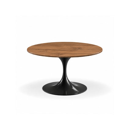 Round Tulip dining table with a walnut solid oak tabletop and black pedestal base, inspired by iconic mid-century modern Italian design.