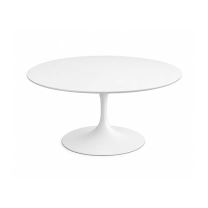Round Tulip dining table with a white scratch-resistant liquid laminate tabletop and matching white cast aluminium pedestal base, handcrafted in Italy for modern dining interiors.