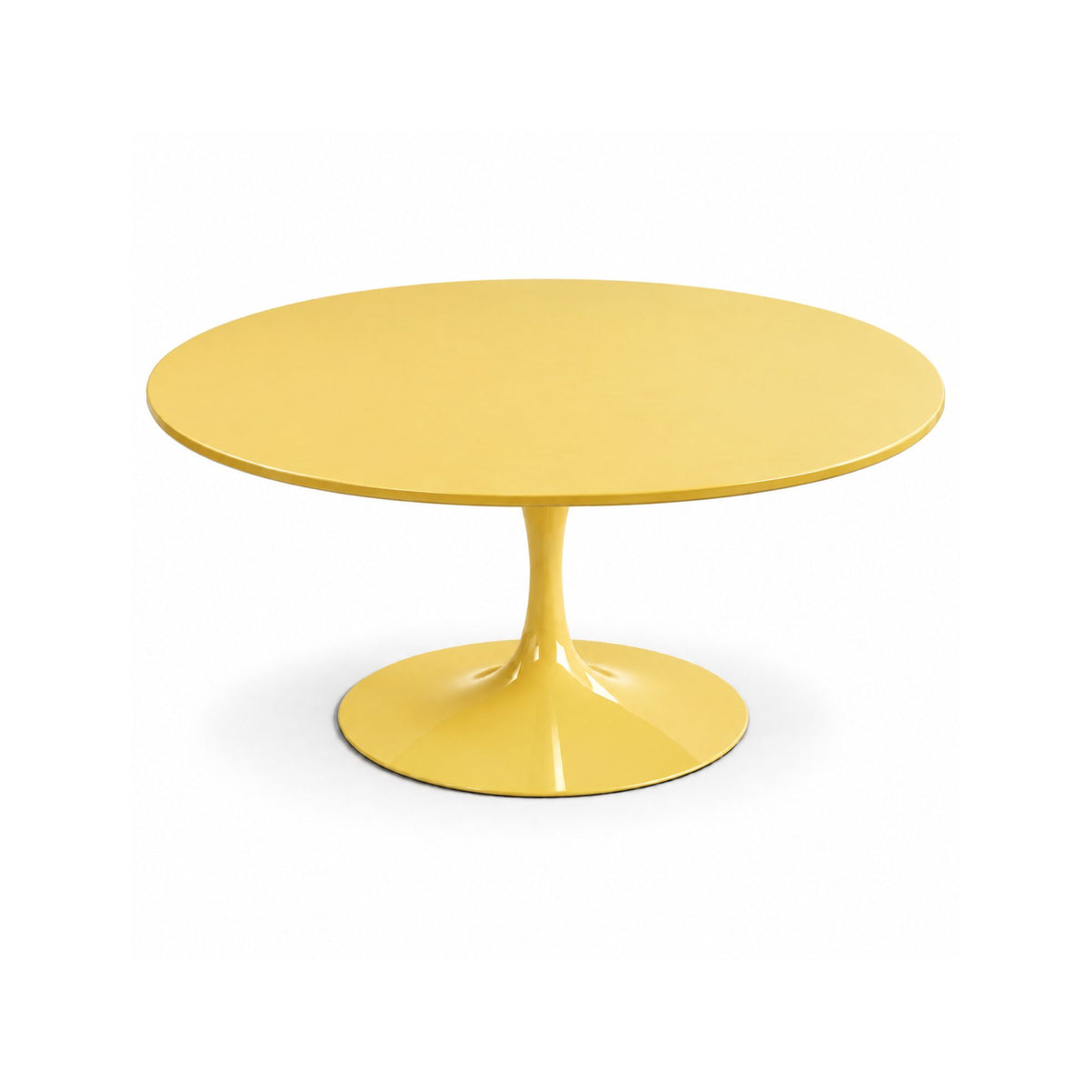 Round Tulip dining table with a yellow liquid laminate tabletop and matching yellow cast aluminium pedestal base, handcrafted in Italy for contemporary dining spaces.