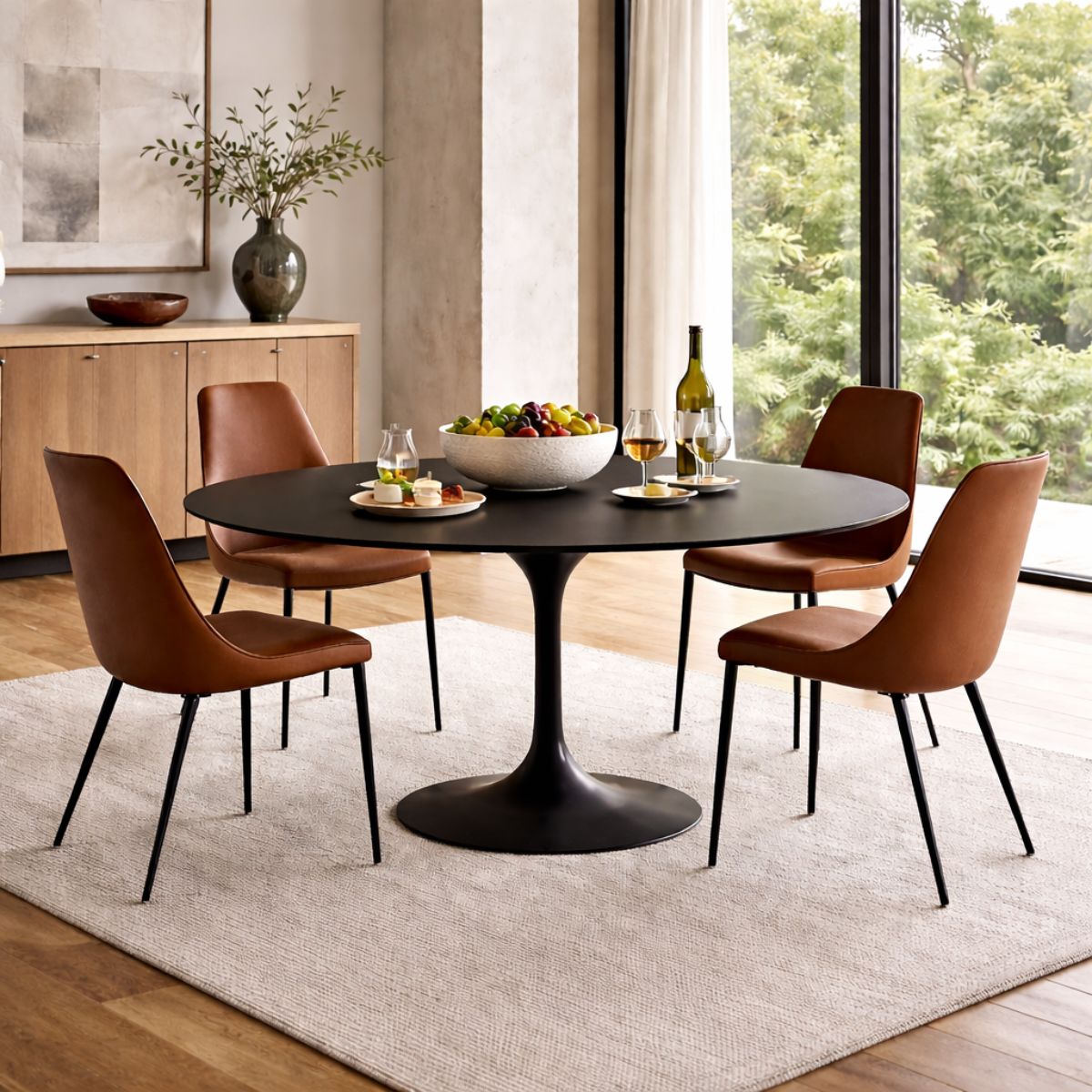 Round tulip table Saarinen style with black top and brown leather chairs in modern dining room