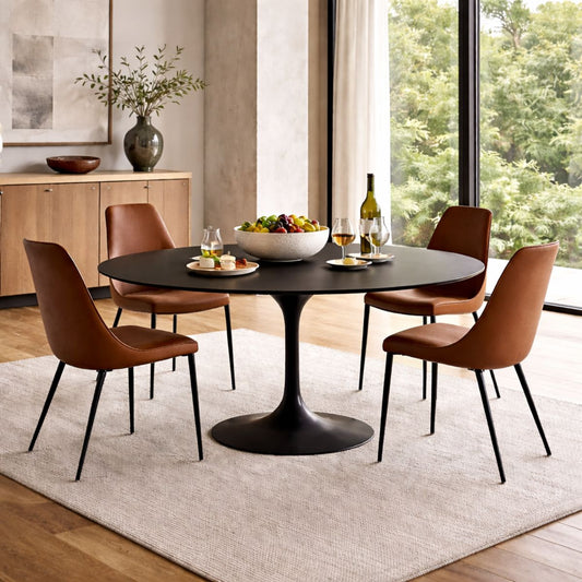 Round tulip table Saarinen style with black top and brown leather chairs in modern dining room