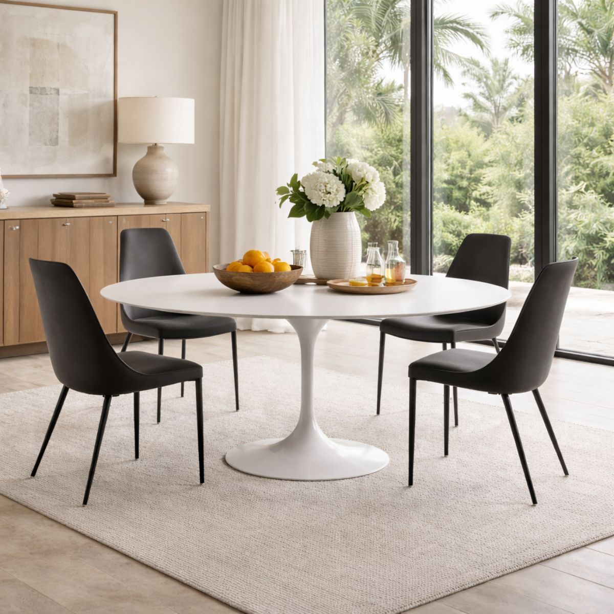 Round tulip table Saarinen style with white top and black chairs in modern dining room with natural light
