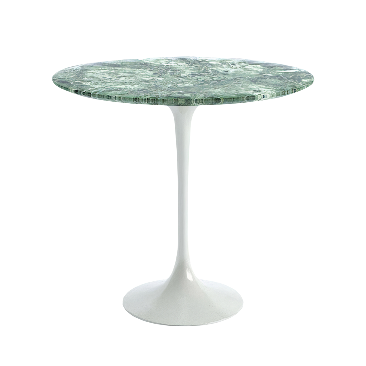 Round marble tulip dining table with a white base on a white background