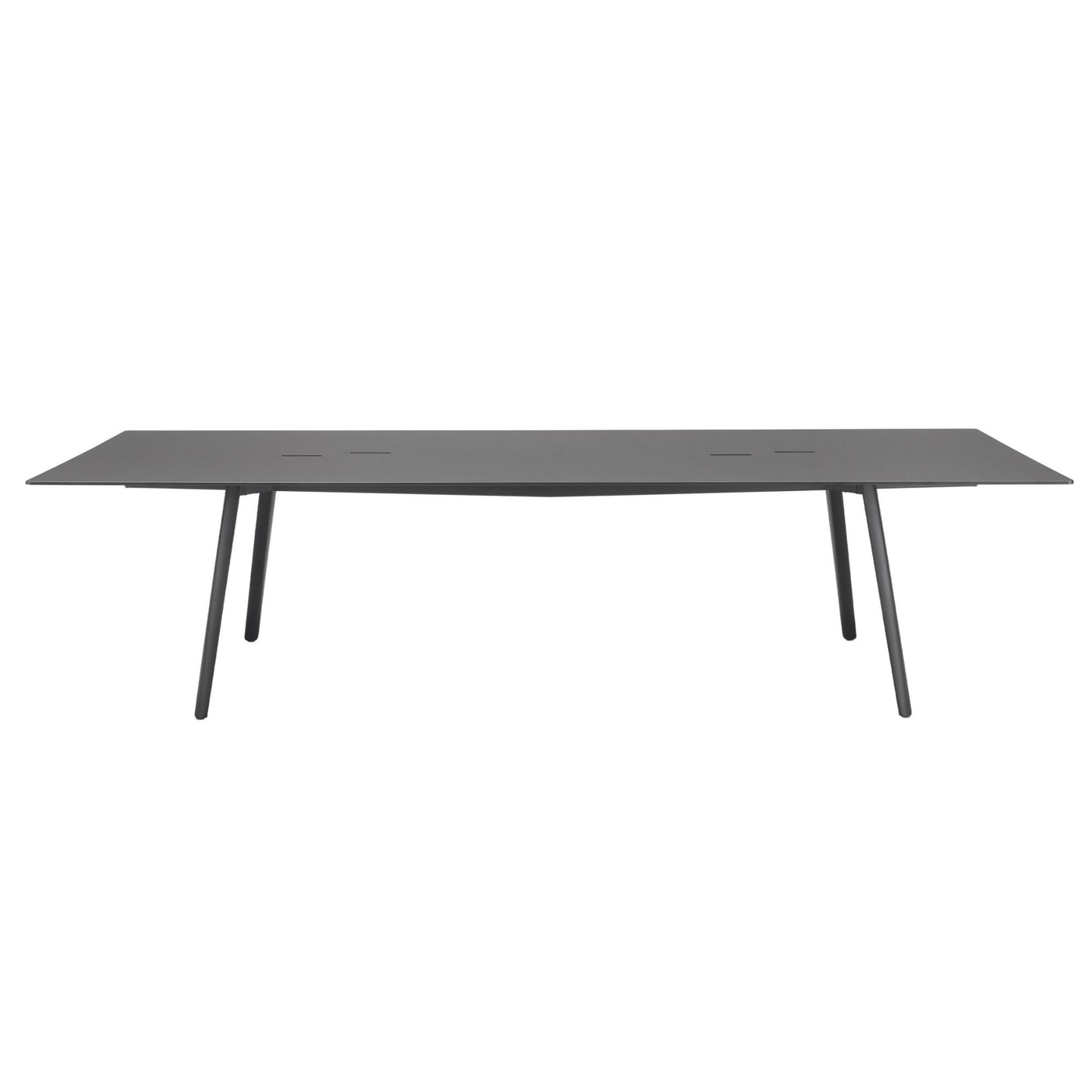SCAB Design Squid OF rectangular meeting table with black Fenix anti-fingerprint top, die-cast aluminium legs and integrated cable management, front view on a white background.