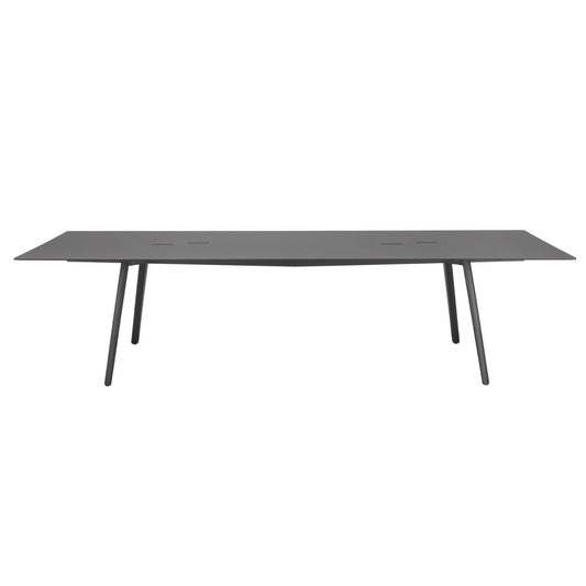 SCAB Design Squid OF rectangular meeting table with black Fenix anti-fingerprint top, die-cast aluminium legs and integrated cable management, front view on a white background.