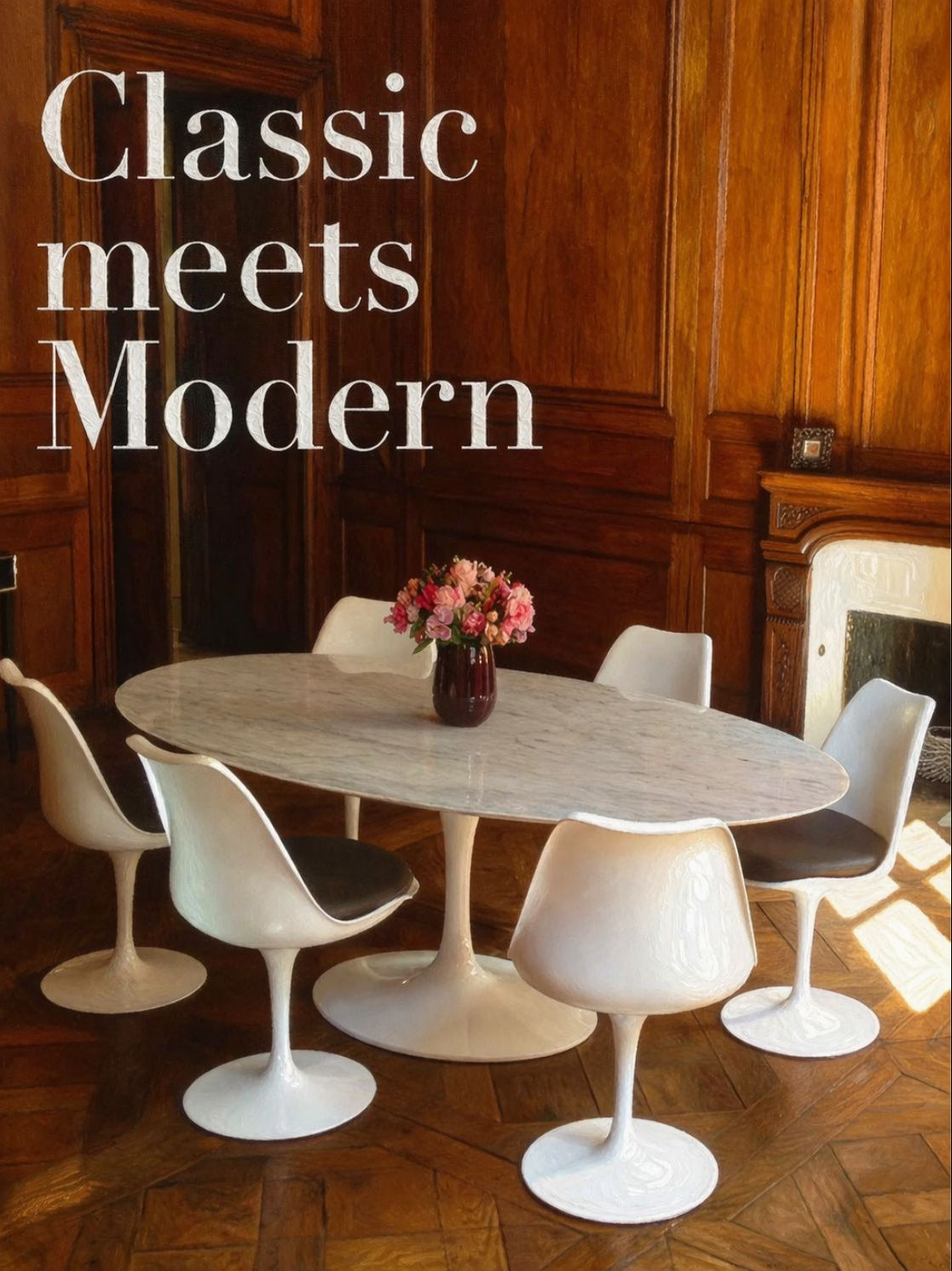 Saarinen-style oval tulip dining table with white marble-effect top and pedestal base in a classic modern dining room with upholstered chairs