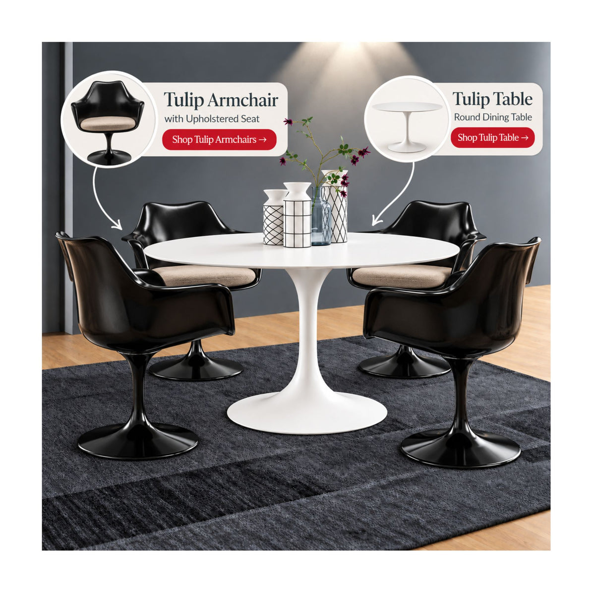 Round white Saarinen Tulip dining table paired with four black upholstered Tulip armchairs featuring sculptural pedestal bases in a contemporary mid-century modern dining room.