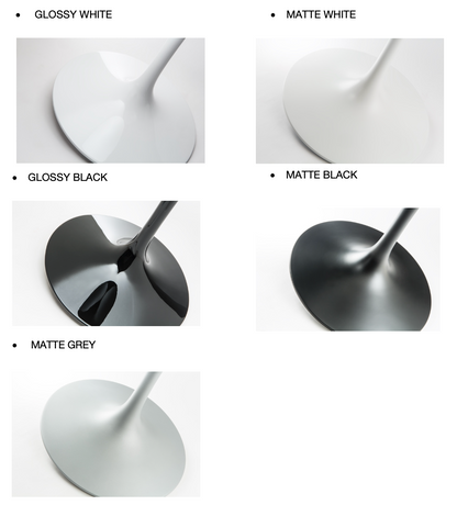 Saarinen tulip table base finishes showing glossy white, matte white, glossy black, matte black and matte grey pedestal base options