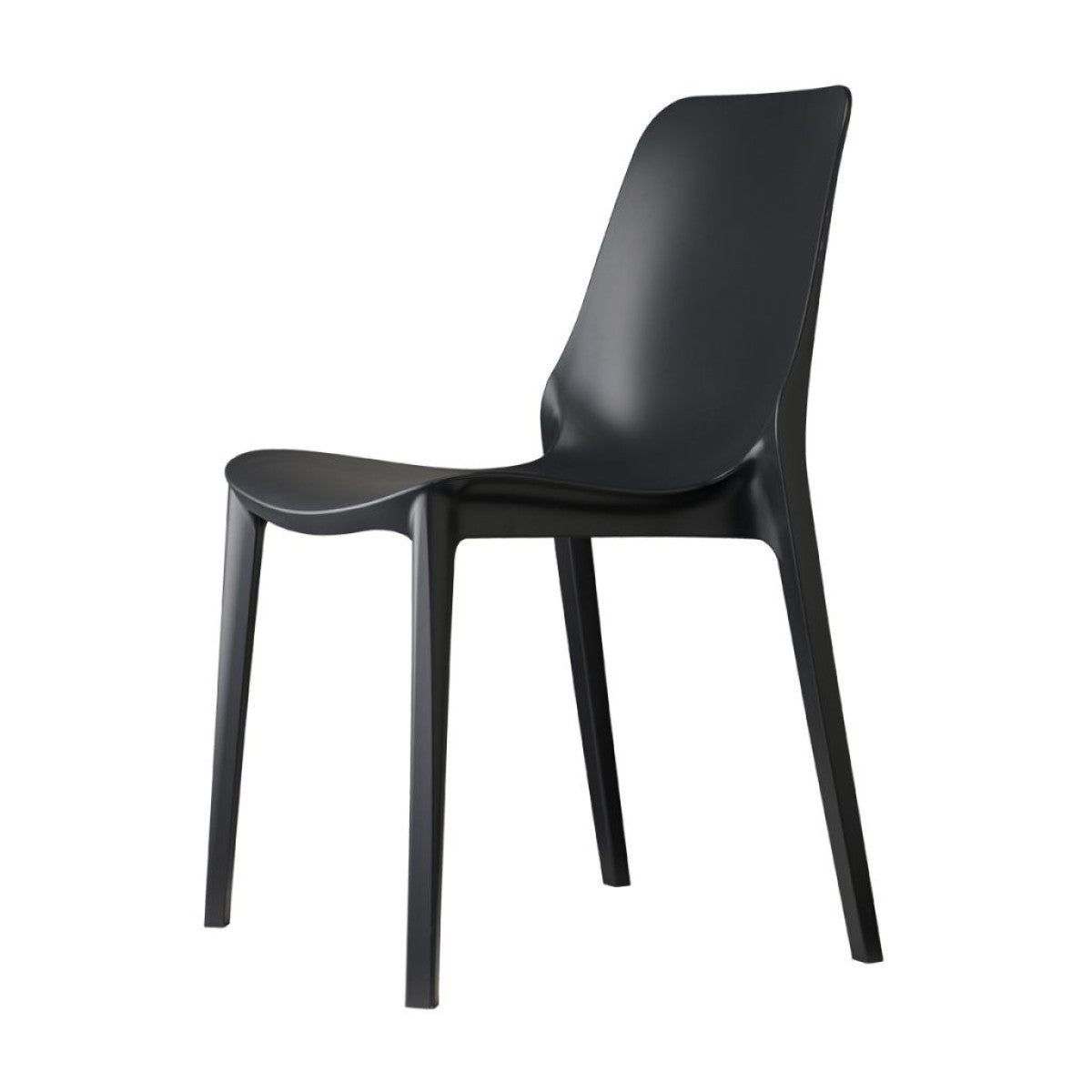 SCAB Hug chair in anthracite shown from the side, featuring a sculpted recycled technopolymer shell with a contemporary stackable design for indoor and outdoor dining spaces, Made in Italy