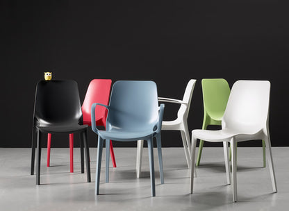 SCAB Hug chair and armchair collection in anthracite, red, blue, linen white and sage green, showcasing the full range of recycled technopolymer seating for indoor and outdoor residential and commercial spaces, Made in Italy