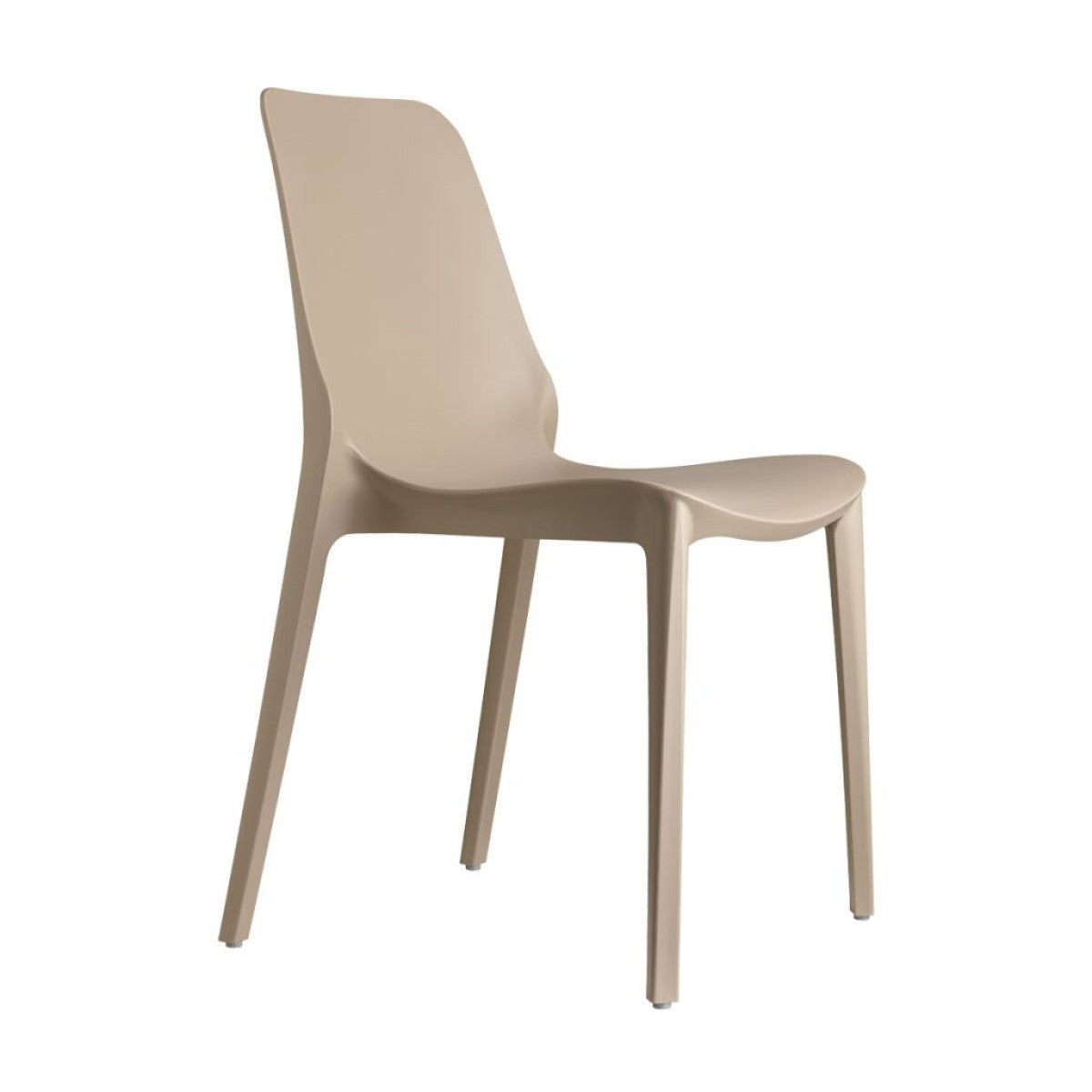 SCAB Hug chair in dove grey shown from the rear side, highlighting its sculpted recycled technopolymer shell and minimalist stackable design for indoor and outdoor dining, Made in Italy