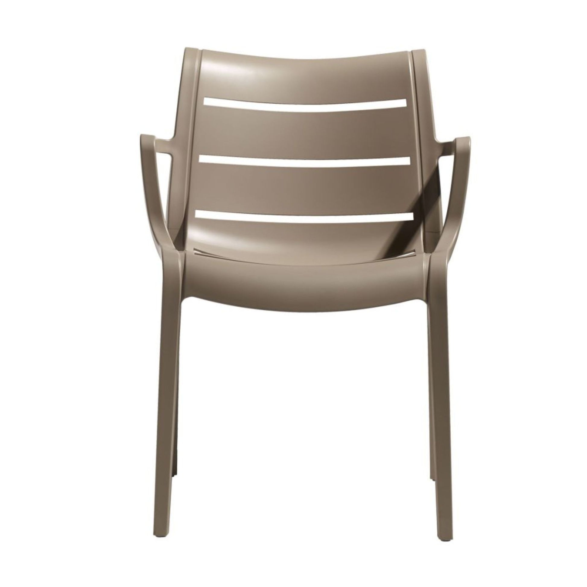 Front view of the SCAB Sunset armchair in dove grey, weather-resistant Italian outdoor dining chair with armrests.