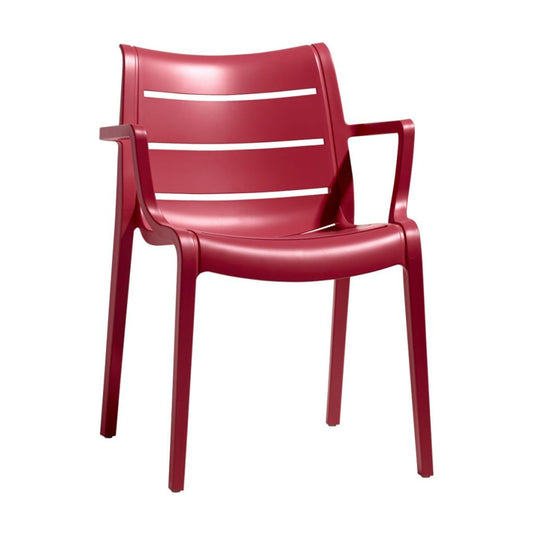 SCAB Sunset armchair in geranium red, stackable Italian designer garden chair with contemporary slatted design.