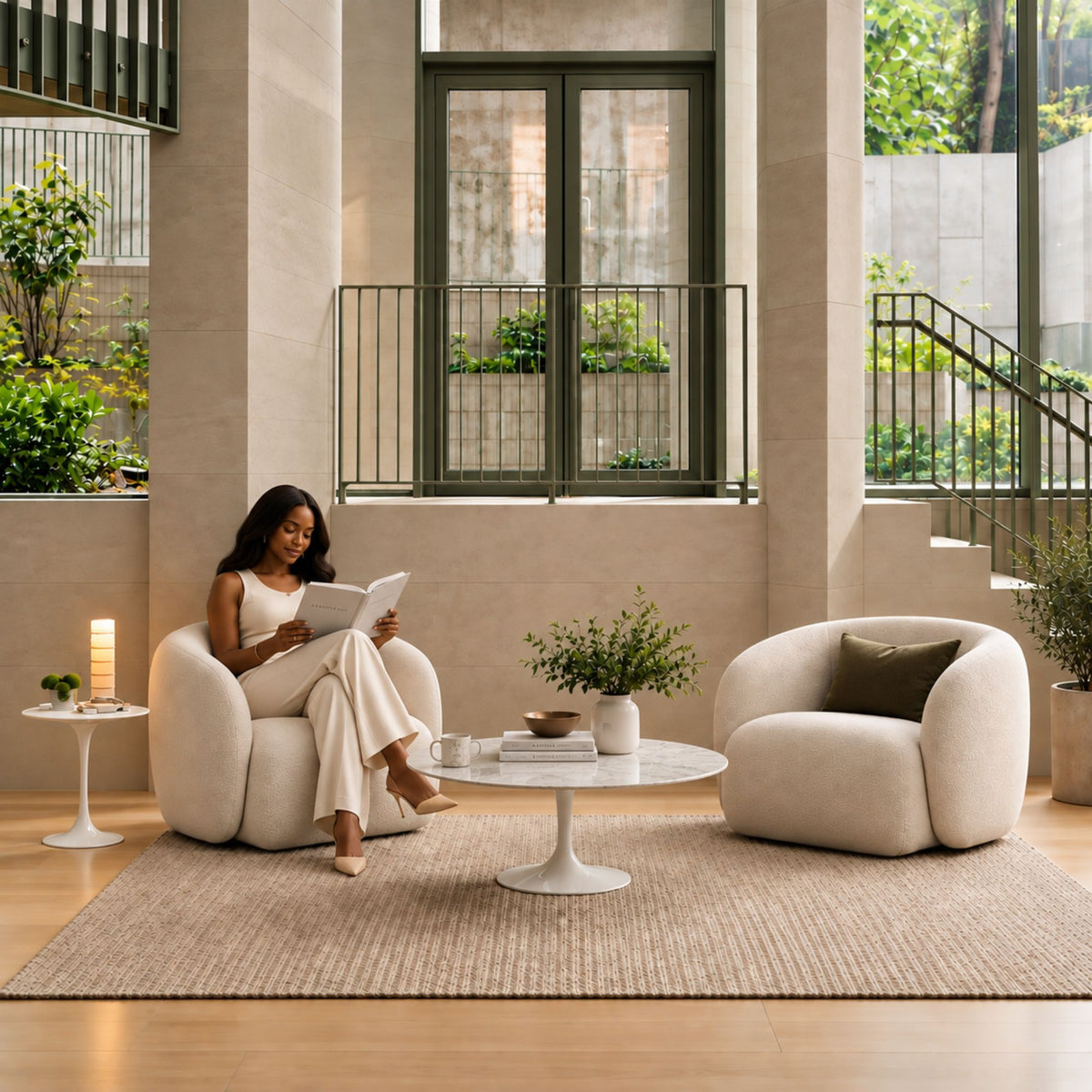 Serenity Marble Tulip coffee table with a polished white marble tabletop and glossy white pedestal base, styled in a luxury contemporary living room with sculptural lounge chairs, warm natural light, and elegant modern décor. An Italian designer coffee table for sophisticated residential interiors.