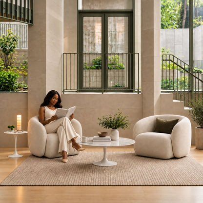 Serenity Marble Tulip coffee table with a polished white marble tabletop and glossy white pedestal base, styled in a luxury contemporary living room with sculptural lounge chairs, warm natural light, and elegant modern décor. An Italian designer coffee table for sophisticated residential interiors.