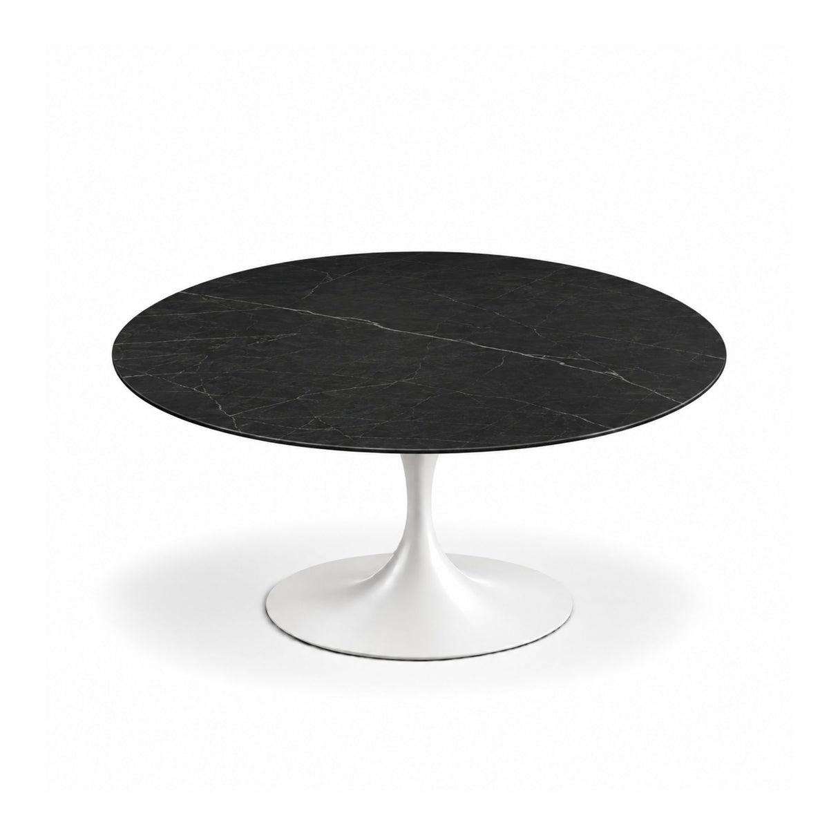 Shadow Vein Tulip coffee table featuring a polished Nero stone marble tabletop with subtle white veining and a glossy white tulip pedestal base, ideal for luxury modern, contemporary, Scandinavian, and mid-century living room interiors.