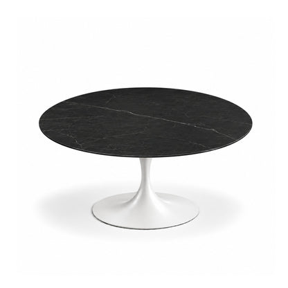 Shadow Vein Tulip coffee table featuring a polished Nero stone marble tabletop with subtle white veining and a glossy white tulip pedestal base, ideal for luxury modern, contemporary, Scandinavian, and mid-century living room interiors.