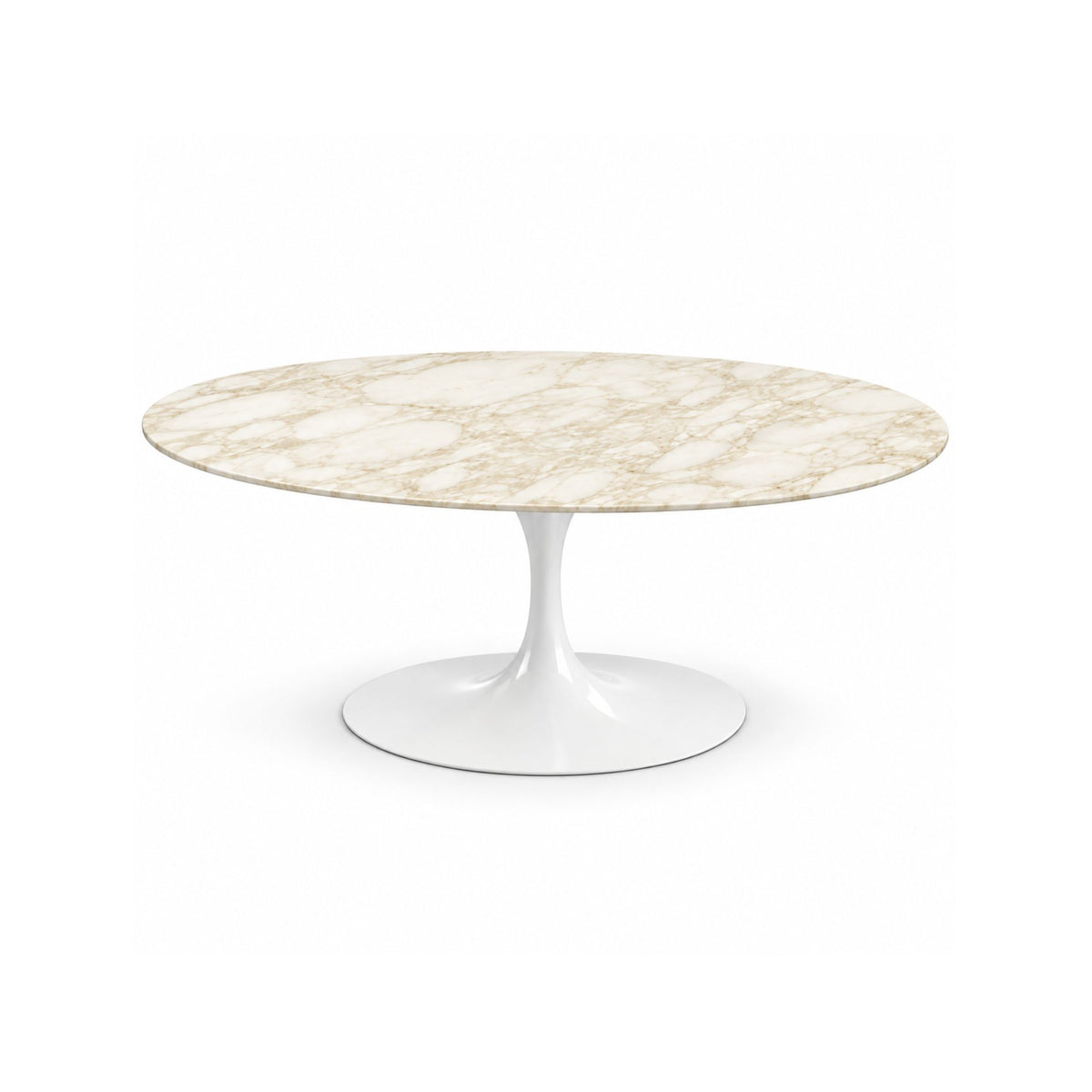 Siena Tulip coffee table featuring a polished Travertino marble tabletop with warm ivory and beige veining and a white tulip pedestal base, ideal for luxury modern, contemporary, and mid-century living room interiors.