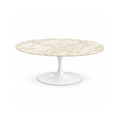 Siena Tulip coffee table featuring a polished Travertino marble tabletop with warm ivory and beige veining and a white tulip pedestal base, ideal for luxury modern, contemporary, and mid-century living room interiors.