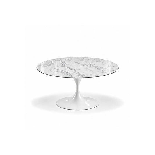 Silver Crest Tulip coffee table featuring a polished Carrara marble tabletop with elegant soft grey veining and a glossy white tulip pedestal base, perfect for modern, contemporary, Scandinavian, and mid-century living room interiors.