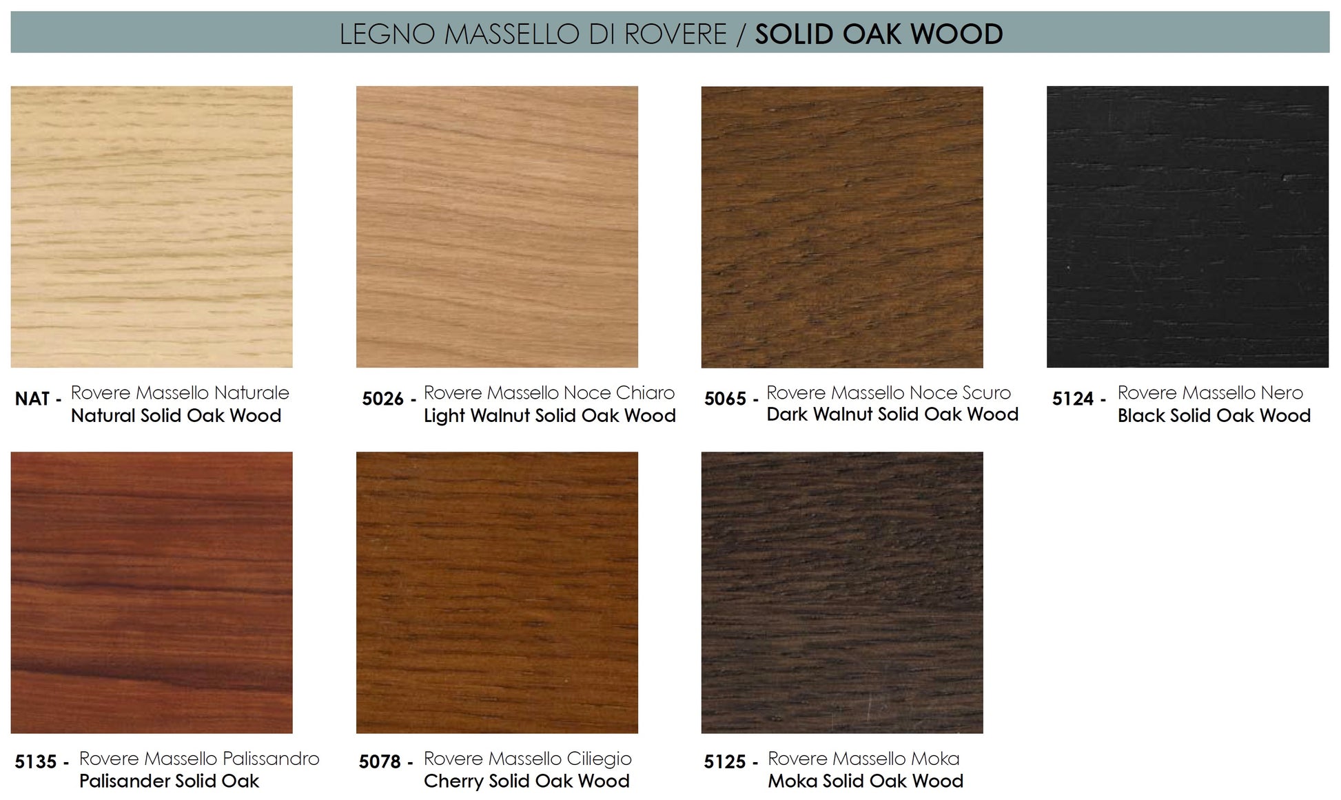 Solid oak wood finishes colour chart showing natural oak, light walnut, dark walnut, black, cherry and moka wood samples with labeled swatches
