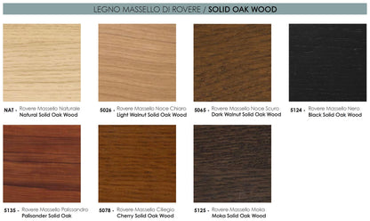 Solid oak wood finishes colour chart showing natural oak, light walnut, dark walnut, black, cherry and moka wood samples with labeled swatches
