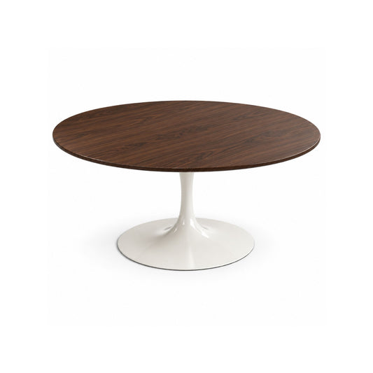 Sorrento round dining table featuring a dark walnut veneer tabletop with a white tulip pedestal base, inspired by mid-century modern design for contemporary dining rooms.