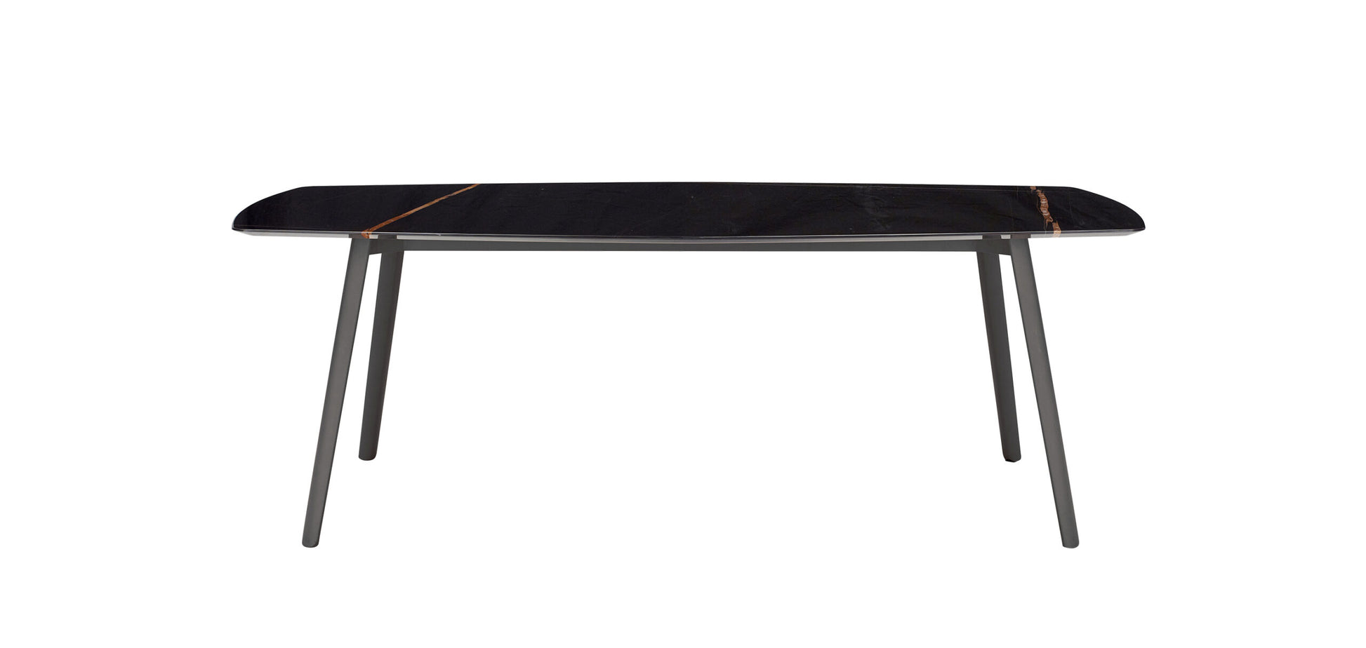 Front view of the S•CAB Squid M Marble Dining Table with a black marble-effect tabletop and dark grey angled metal legs.