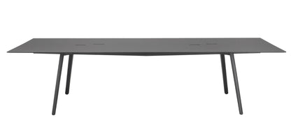 Front view of the S•CAB Squid OF Office Meeting Table featuring a black rectangular tabletop with integrated cable access and angled metal legs.