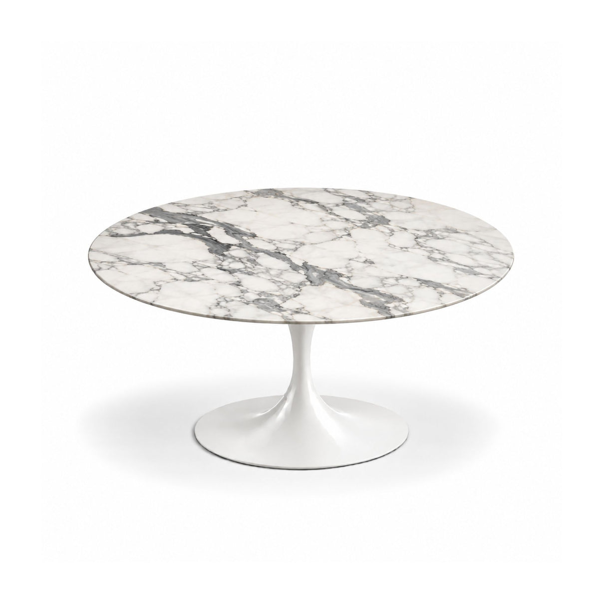 Statuario Elite Tulip coffee table featuring a polished Statuario marble tabletop with bold grey veining and a glossy white tulip pedestal base, perfect for luxury modern, contemporary, Scandinavian, and mid-century living room interiors.