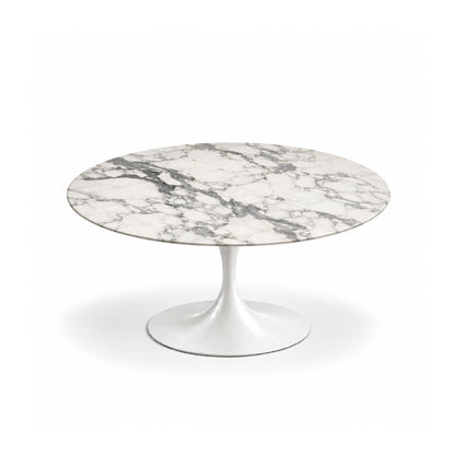 Statuario Elite Tulip coffee table featuring a polished Statuario marble tabletop with bold grey veining and a glossy white tulip pedestal base, perfect for luxury modern, contemporary, Scandinavian, and mid-century living room interiors.