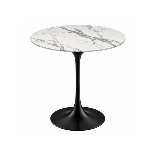 Statuario Noir Tulip side table featuring a polished Statuario marble tabletop with striking grey veining, paired with a sleek black tulip pedestal base. A luxury Italian designer side table ideal for modern, contemporary, Scandinavian, and mid-century living room interiors.