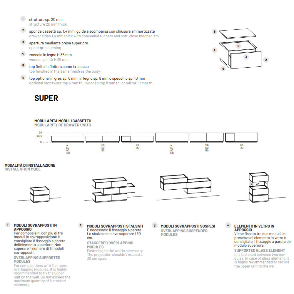 Super 2 drawer nightstand with inserts by Dall'Agnese