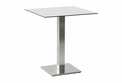 Modern square dining table with a white tabletop and brushed stainless steel pedestal base, isolated on a clean white background.