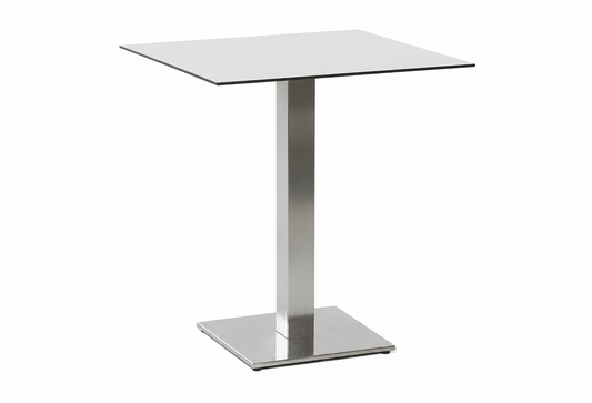 Modern square dining table with a white tabletop and brushed stainless steel pedestal base, isolated on a clean white background.