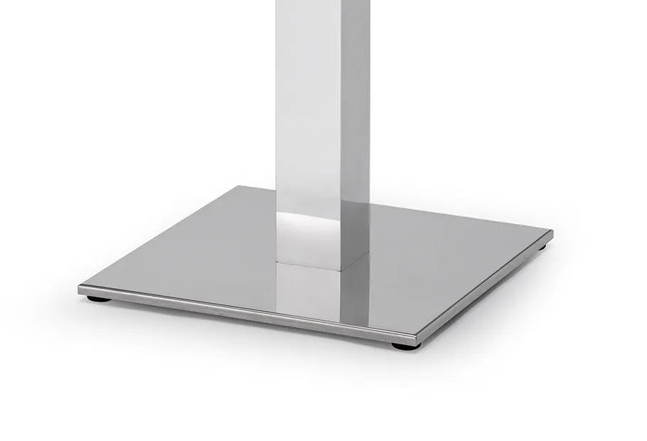 Close-up detail of the S•CAB Tiffany Bistro Table Base featuring a polished stainless steel square base for stability and durability.