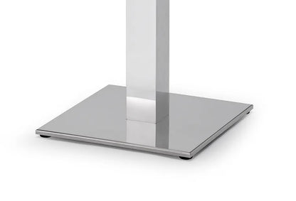 Close-up detail of the S•CAB Tiffany Bistro Table Base featuring a polished stainless steel square base for stability and durability.