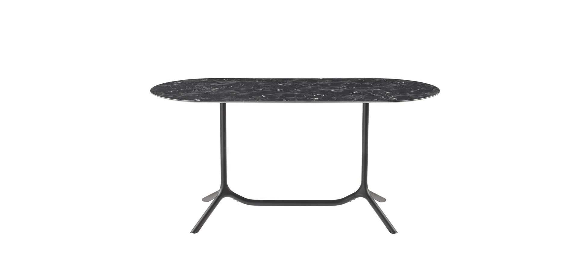 Front view of the S•CAB Tripé Double Dining Table Base with a black marble-effect oval tabletop and double pedestal metal base.