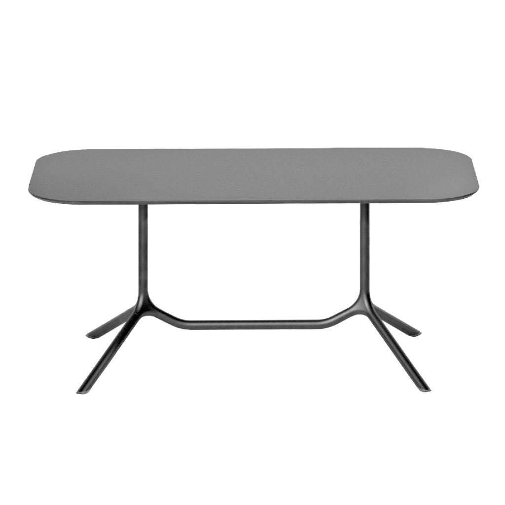 Front view of the S•CAB Tripé Double Dining Table Base with a grey rectangular tabletop and double pedestal metal base.