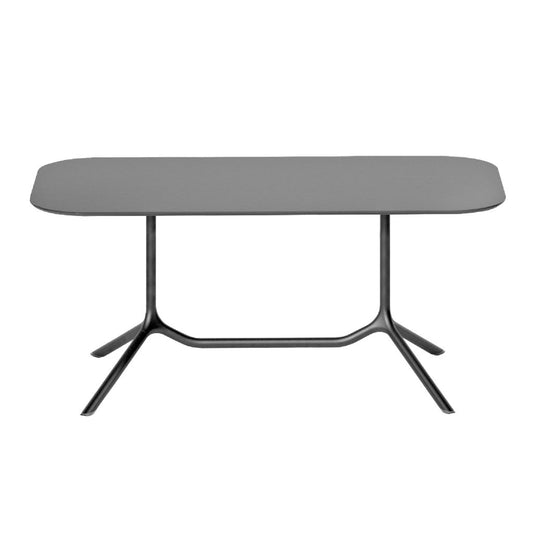 Front view of the S•CAB Tripé Double Dining Table Base with a grey rectangular tabletop and double pedestal metal base.