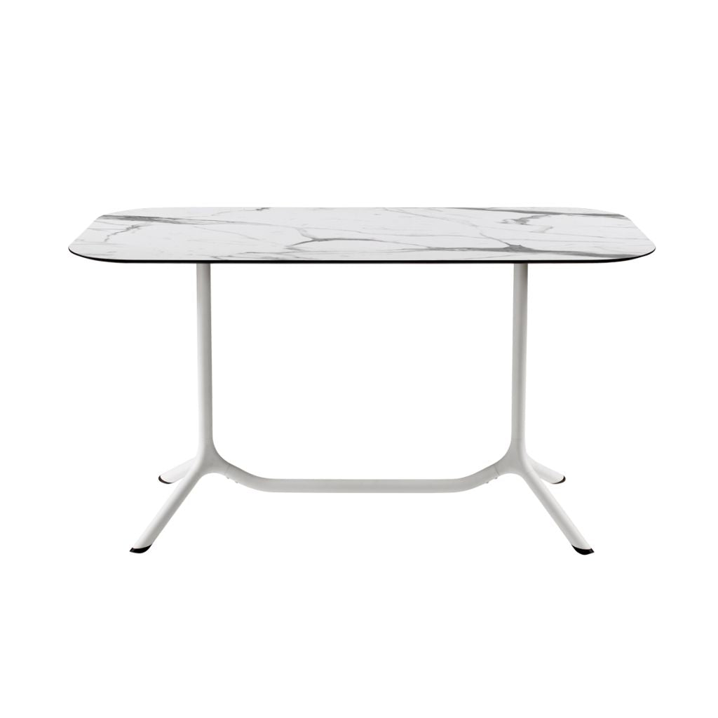 Front view of the S•CAB Tripé Double Dining Table Base with a white marble-effect rectangular tabletop and white double pedestal metal base.