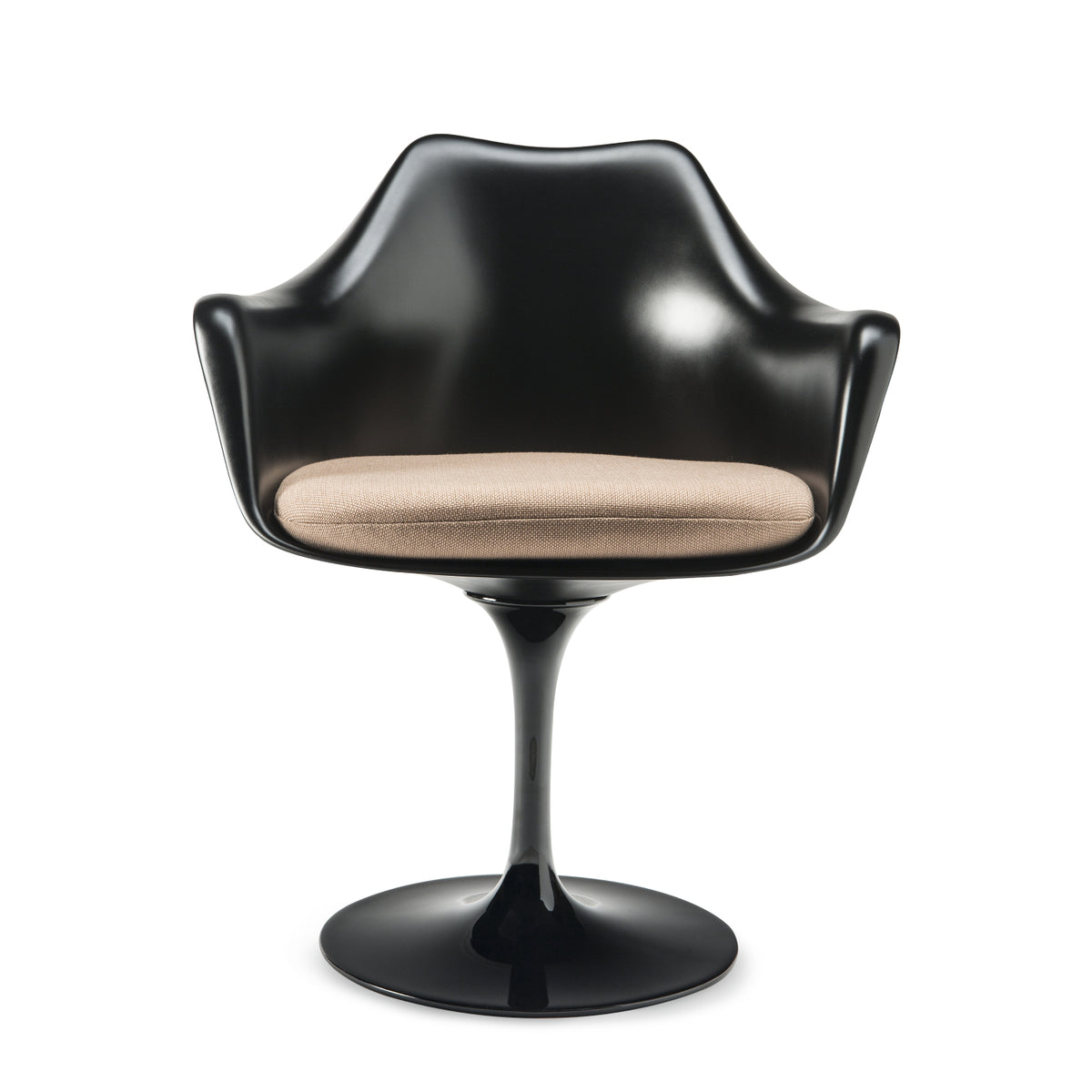 Tulip armchair with a black moulded fibreglass shell, black cast aluminium pedestal base and beige upholstered seat cushion, inspired by Eero Saarinen's iconic mid-century modern Pedestal Collection for contemporary dining spaces.