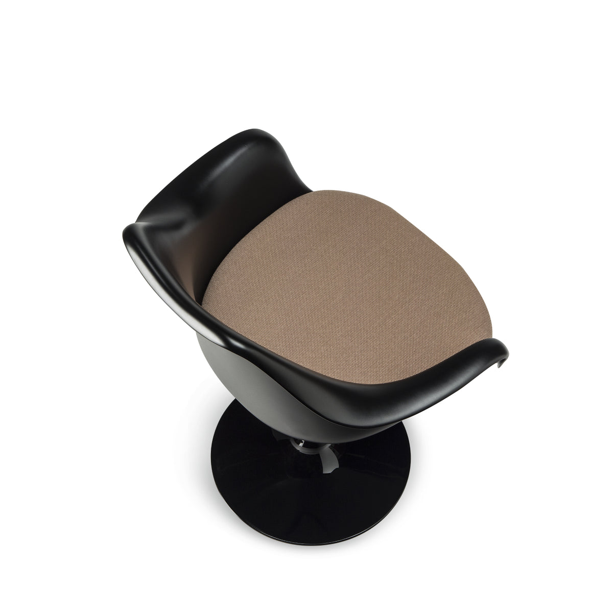 Top angled view of a Tulip armchair with a black moulded fibreglass shell, beige upholstered seat cushion and black cast aluminium pedestal base, inspired by Eero Saarinen's iconic mid-century modern Pedestal Collection