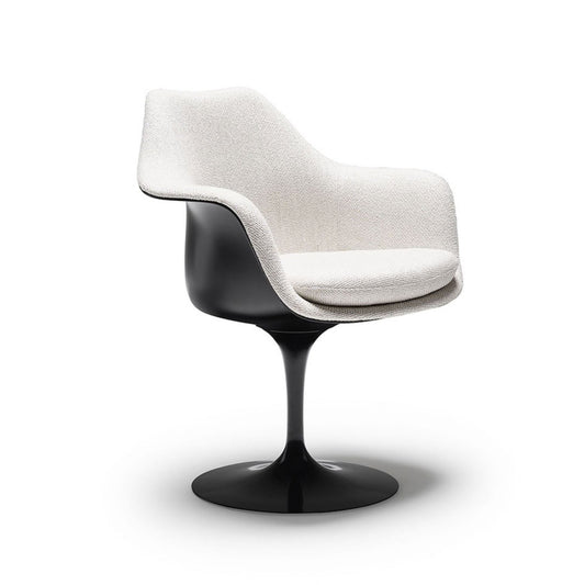 Fully upholstered Tulip armchair with soft white fabric upholstery, black moulded shell and black cast aluminium pedestal base, inspired by Eero Saarinen's iconic mid-century modern design for contemporary dining and living spaces
