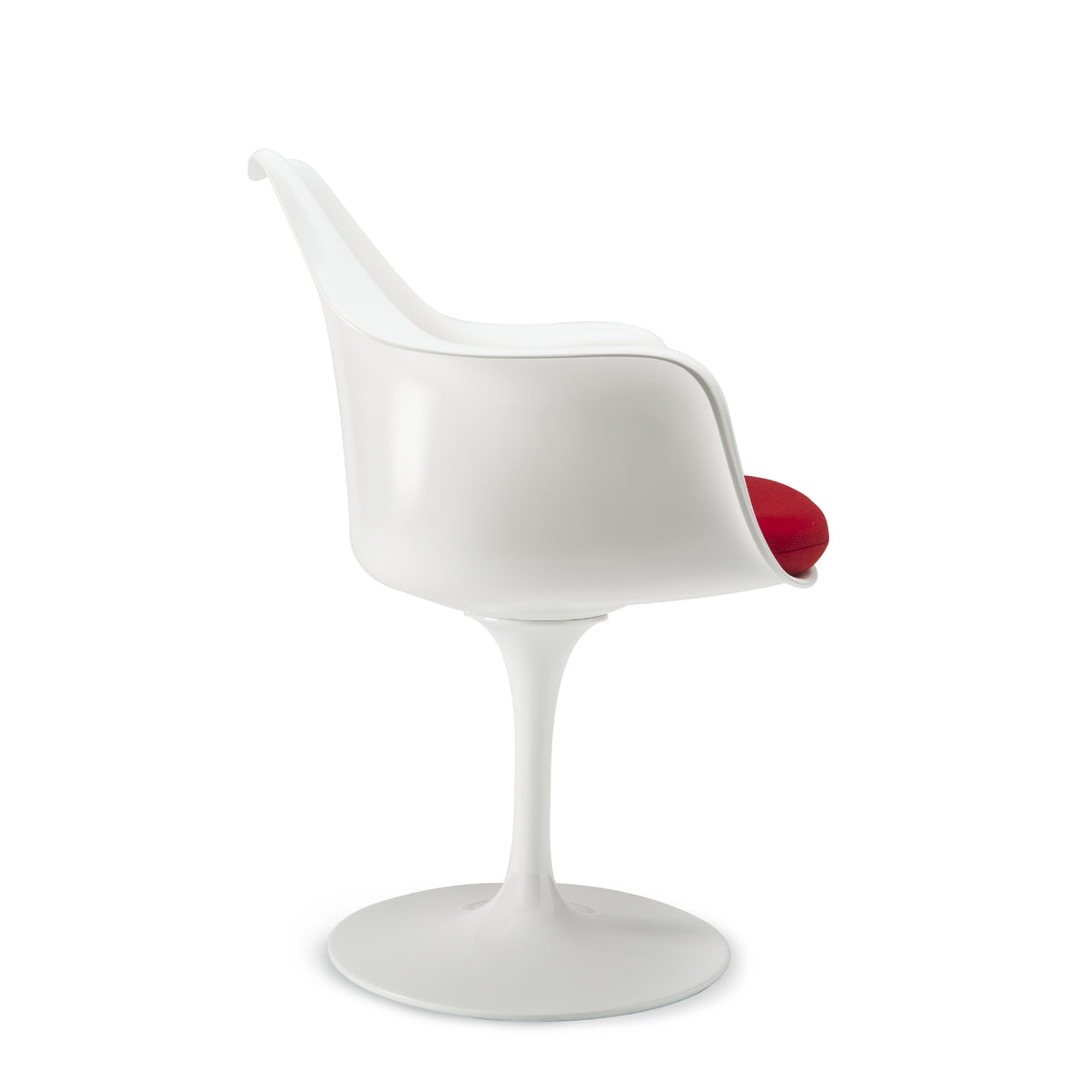 Side profile of a Tulip armchair with a white moulded fibreglass shell, white cast aluminium pedestal base and red upholstered seat cushion, inspired by Eero Saarinen's iconic mid-century modern Pedestal Collection