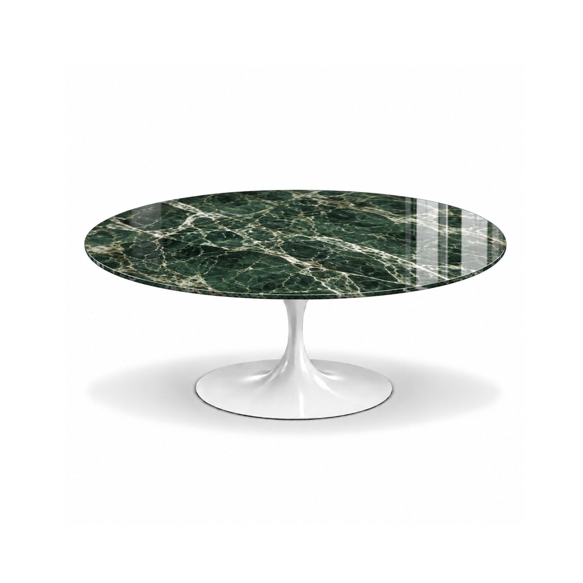 Verona round dining table with a polished Verde Alpi green marble tabletop and white tulip pedestal base, bringing luxurious Italian craftsmanship to modern and contemporary dining rooms.