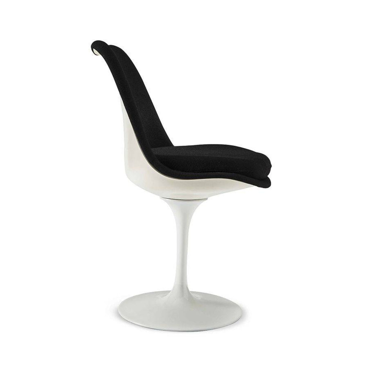 Side view of a Tulip pedestal dining chair with black upholstered seat and back, white moulded fibreglass shell and white cast aluminium pedestal base, inspired by Eero Saarinen's iconic mid-century modern design.
